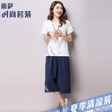 韩版女装加大码胖MM中长款中老年白色连衣裙棉麻短袖两件套装裙子