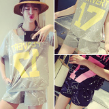 夏装韩版休闲宽松字母短袖短裤少女学生两件套大码跑步运动服套装
