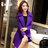 诗璐雅2015秋冬新款韩版女装显瘦毛呢外套女中长款紫色呢子大衣潮