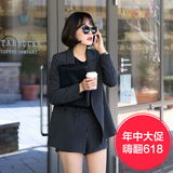韩国2016新款春装韩版黑色修身长袖OL休闲职业春秋西装短裤套装女