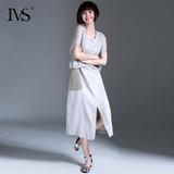IVS 2016夏季新款女装纯色短袖开叉文艺裙子中长款真丝亚麻连衣裙