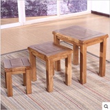 特价纯实木欧式换鞋凳方凳白橡木套三凳复古小茶几木桌床尾凳