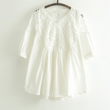 夏季宽松五分袖中长款纯棉白色衬衫女中袖镂空蕾丝衬衣娃娃衫上衣