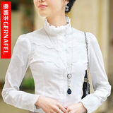 2016秋季白色衬衫蕾丝女长袖韩范职业装上衣修身显瘦立领衬衣春秋