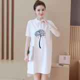韩版孕妇装绣花立圆领中长款短袖棉麻孕妇连衣裙衬衫裙