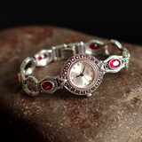 泰国进口女式S925纯银镶红宝石时尚大气复古泰银马赛克手表手链