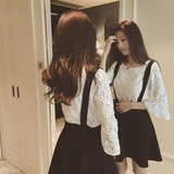 2016春季新品韩版时尚修身蕾丝上衣+纯色背带半身裙子两件套装女