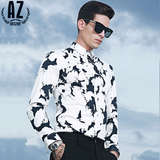 蚁族秋季青年男士长袖衬衫商务英伦纯棉修身韩版时尚白色印花衬衣