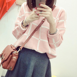 2015秋季新款女装韩国 酥心嫩粉色粉白格子柔软宽松套头针织毛衣
