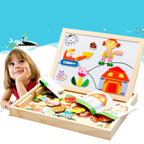 磁性动物拼拼乐木质玩具双面画板儿童立体磁性拼图智力写字板黑板