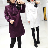 2015冬装新款女装韩版木耳加绒宽松显瘦打底上衣中长款衬衫 女