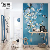 蕊西 中式小鸟花卉油画墙纸 客厅电视背景墙壁纸 玄关定制壁画