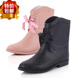 韩版新款棉雨鞋女时尚中筒女式黑色雨靴秋冬可保暖蝴蝶结套鞋水鞋