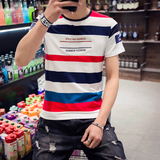 2016新款半袖条纹短袖T恤男士韩版衣服大码潮流男装夏季圆领体恤