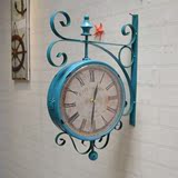 特价地中海风双面挂钟客厅大号铁艺做旧钟表旋转美式复古墙壁创