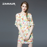 ZIMMUR2016夏季新款女装立领五分袖修身显瘦真丝印花连衣裙中裙
