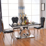 现代简约不锈钢餐桌椅组合 大理石小户型餐桌 钢化玻璃长方形餐台