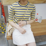 韩国ulzzang学院风修身显瘦条纹紧身T恤女夏韩版学生中袖体恤上衣
