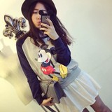 2015春装新款韩版米老鼠撞色插肩袖印花学生外套韩版卫衣女