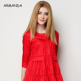 阿曼达2016夏季女装红色连衣裙五分袖纯棉圆领修身裙子女中长款
