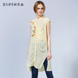 Zopin作品女装2015夏装新款中长款雪纺衫 雪纺衬衫无袖雪纺衫修身