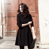 2015春秋新款 韩版修身通勤OL小香风黑色连衣裙长袖高腰打底裙