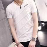香港代购纯白t恤男青年夏季纯棉V领短袖薄款修身纯色条纹体恤男潮