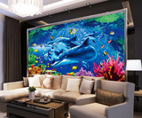 儿童房墙布3d立体壁画海底世界海豚现代卡通装饰画可爱鱼背景墙纸
