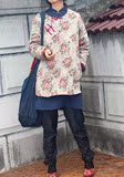 民族风 2015秋冬女装复古旧色纯棉印花手工盘扣外套中长款薄棉衣