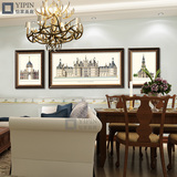 美式装饰画客厅沙发背景墙搭配三联组合建筑有框画竖版玄关实木