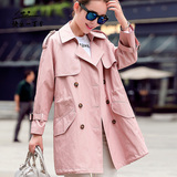 2016秋季新款韩版女士PU皮外套中长款修身显瘦纯色双排扣风衣女潮