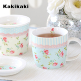 kakikaki田园玫瑰带盖早餐杯 带刻度泡麦片杯子陶瓷杯牛奶马克杯