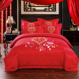 婚庆四件套结婚礼床上用品大红全棉床品4件套刺绣花正品被套床单