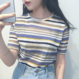 2016夏季新款潮牌韩国ulzzang百搭宽松短款短袖彩色条纹t恤女学生