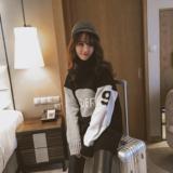 冬季韩版女装拼色宽松套头高领毛衣中长款字母上衣加厚大码外套女
