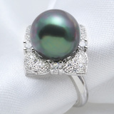 大溪地贝珠黑色母贝珍珠戒指 12mm孔雀绿 925纯银戒环 尊贵气质