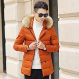 冬季男保暖轻薄中长款白鸭绒羽绒服青年韩版修身纯色连帽棉衣外套