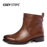 COZYSTEPS女鞋女靴圆头粗方跟头层牛皮套筒真皮女短靴马丁靴4C011