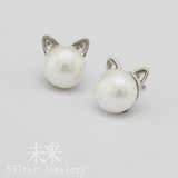 包邮S925纯银耳钉 猫咪耳朵天然淡水珍珠银耳钉女 可爱时尚气质款