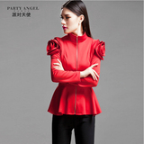 派对天使 春装新款2016韩版原创品牌女装红色修身长袖短外套上衣