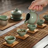 厂家直销10头哥窑青瓷盖碗茶具可定制礼品茶具德化功夫茶具套装