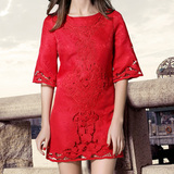 女装红裙子蕾丝连衣裙大红色直筒夏名媛修身秋天订婚中袖显瘦礼服