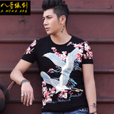 夏装中国风t恤男短袖韩版仙鹤半袖印花个性纹身体恤青少年衣服男