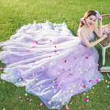 影楼主题服装2016新款紫色长拖尾婚纱外景拍照摄影心形领抹胸礼服