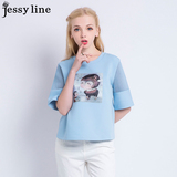杰西莱jessy line2016春秋新款 杰茜莱正品卡通印花拼接中袖T恤女