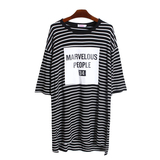 韩版黑白条纹中长款T恤女2016年夏季宽松新款字母圆领七分袖体恤