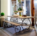 美式乡村 复古做旧铁艺餐桌椅 创意车轮长桌长椅子 休闲桌椅套件