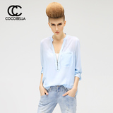 COCOBELLA 2016夏装新款欧美范长袖条纹显瘦女雪纺空调衬衫KT88