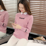 2016秋装新款女装韩版百搭学院风纯色字母POLO领假两件针织衫毛衣