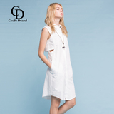 2016夏新款无袖假两件拼接宽松休闲纯色连衣裙女中长款白色衬衫裙